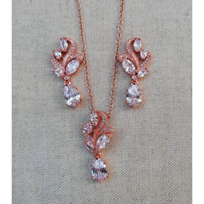 Parure mariage bijoux mariée rose doré , collier mariage strass , collier mariage zircon rose gold Parure mariage bijoux mariée rose doré , collier mariage strass , collier mariage zircon rose gold